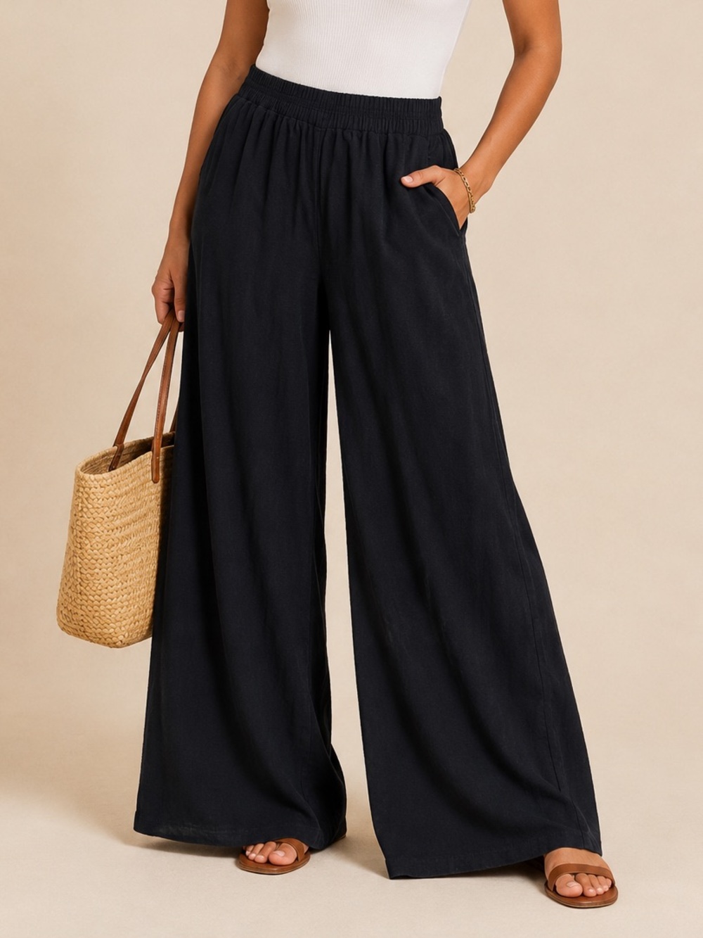Zenana Black Wide Leg Palazzo Pants Pull On Elastic Waist Pockets S